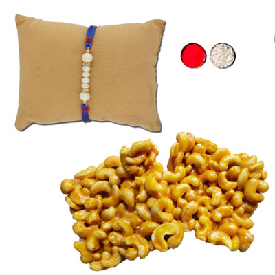 "Glorious Pearl Rakhi - JPJUN-23-049 (Single Rakhi), 250gms of Kaju Pakam - Click here to View more details about this Product